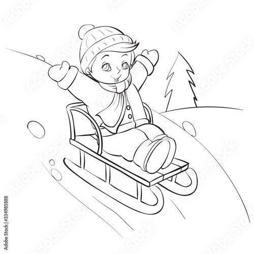 boy sledding from a large roller coaster in the forest, outline drawing, isolated object on a white background, vector illustration, eps