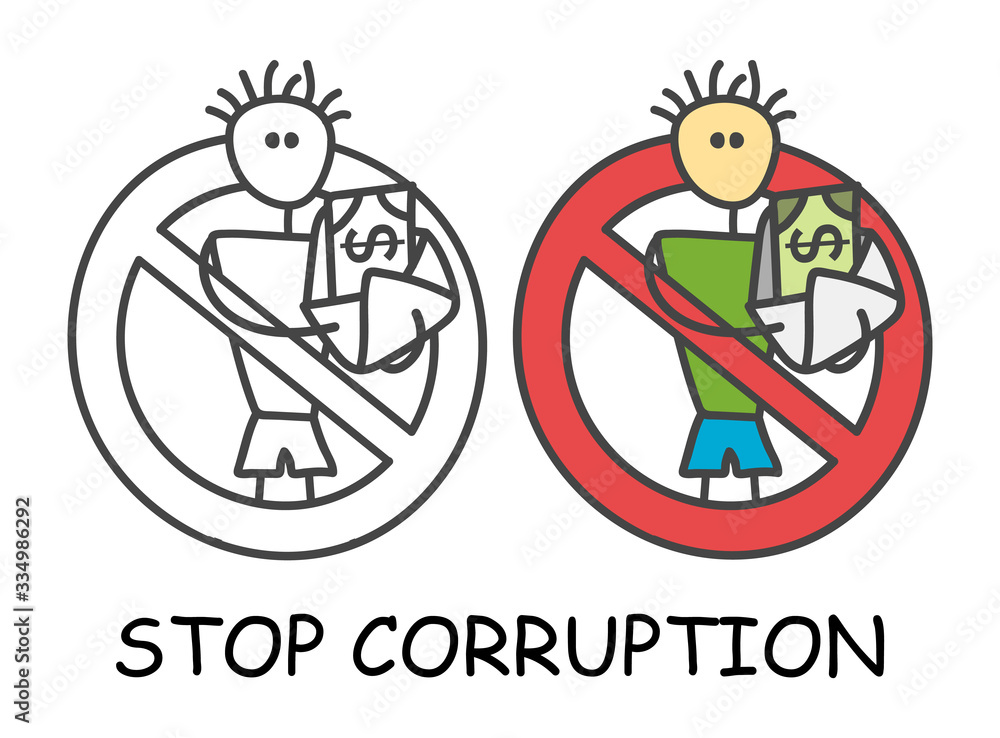 Funny vector stick man with an envelope of money in children's style. No corruption no tax evasion red prohibition. Stop symbol. Prohibition icon sticker for area places. Isolated on white background. Funny vector stick man with an envelope of money in children's style. No corruption no tax evasion red prohibition. Stop symbol. Prohibition icon sticker for area places. Isolated on white background.