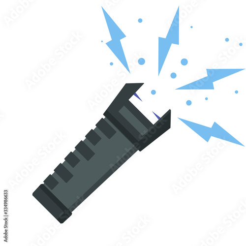 Shocker for protection. Taser is an electric weapon. Personal safety. Item for safety. Working device. Cartoon flat illustration, Blue lightning flash