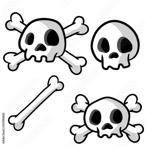 Human skull and crossbones. Dead man's head. Pirate flag Jolly Roger. Funny cartoon flat illustration. Set of symbol of robbers and Halloween