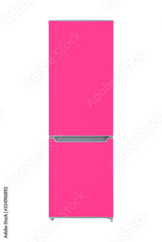 Pink refrigerator Isolated on White Background. Modern Kitchen and Domestic Major Appliances