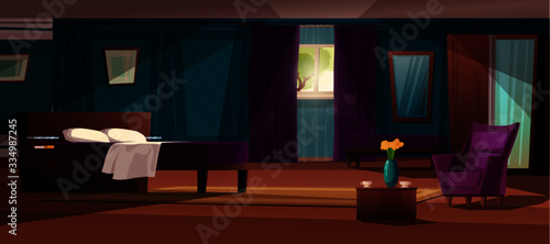 Bedroom modern interior with furniture vector cartoon illustration. Double bed with cupboards, window with curtain, dresser, carpet, mirror. Cute cozy background.
