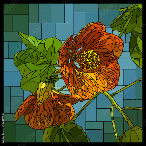 Vector square mosaic with two blooming orange abutilon flowers in stained glass window.