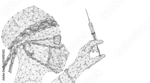 A doctor in a medical mask and glasses with a syringe in his hand. Provide medical care. Low-poly design.