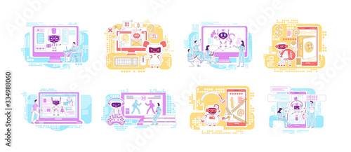 Good and bad bots thin line concept vector illustrations set. Internet robots 2D cartoon characters for web design. Personal AI assistants computer software. Malicious malware creative ideas