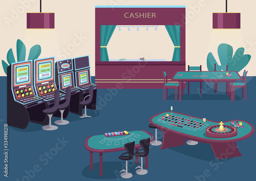 Gambling flat color vector illustration. Slot and fruit machines row. Green table to play poker. Blackjack game desk. Casino room 2D cartoon interior with cashier counter on background