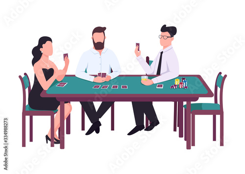 Gambler flat color vector faceless characters. Woman look at card. Man holding deck. Male player with stack of chips. Gamble with opponents. Three people sit in casino isolated cartoon illustration