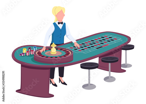 Croupier flat color vector faceless character. Female dealer near roulette table. Person ready to spin wheel and take bets. Woman in uniform behind gambling counter isolated cartoon illustration