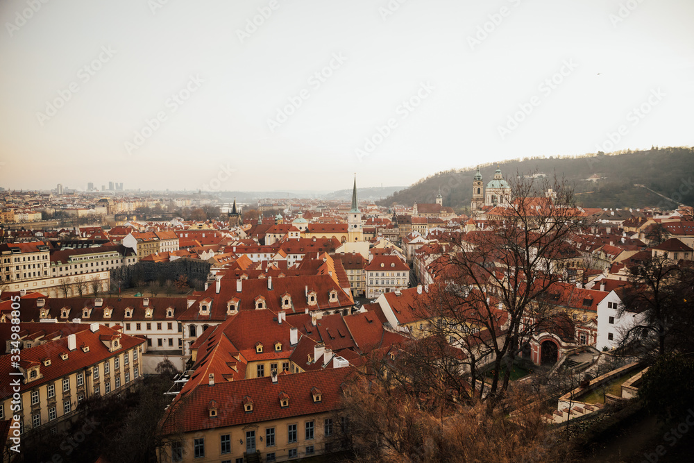 Fototapeta premium Houses with traditional red roofs in Prague, Czech republic. Top view to red roofs skyline of Prague city. Aerial view of Prague city with terracotta roof tiles. Old Town architecture with terracotta.