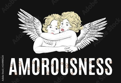 Amorousness. Vector  hand drawn  illustration of hugging cupids . Creative artwork with realistic pearls. Template for card, poster, banner, print for t-shirt, pin, badge, patch.