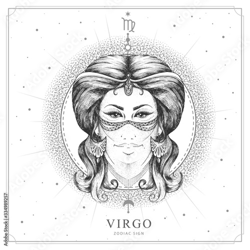 Modern magic witchcraft card with astrology Virgo zodiac sign. Realistic hand drawing woman head