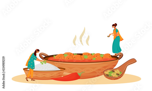 Matar paneer serving flat concept vector illustration. Female Indian cooks, women in sari preparing traditional vegetarian dish 2D cartoon character for web design. Meal serving creative idea