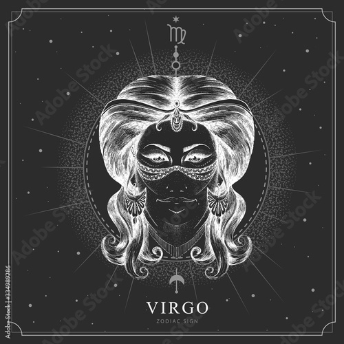 Modern magic witchcraft card with astrology Virgo zodiac sign. Realistic hand drawing woman head