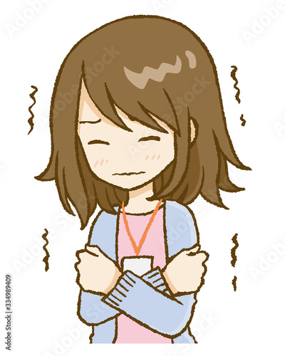 	体調不良で寒気を感じる女性/ボブヘア　目閉じ　バストアップ