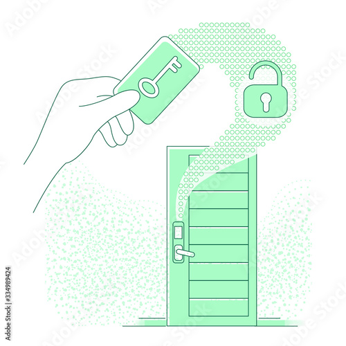 Electronic door key thin line concept vector illustration. Person using keycard 2D cartoon character for web design. Keyless lock system technology, smart home, security creative idea