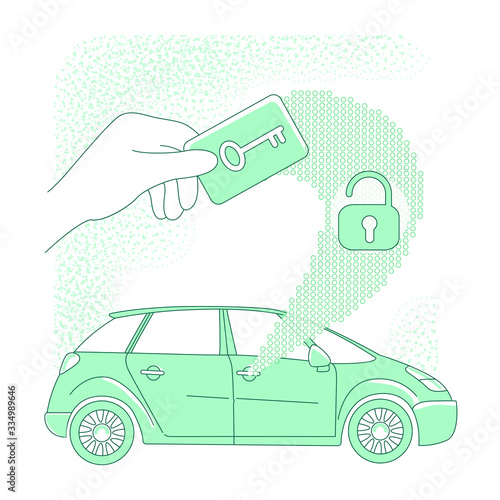 Keycard thin line concept vector illustration. Person opening car with electronic key 2D cartoon character for web design. Vehicle keyless lock system technology, security creative idea