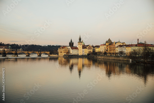 Bedrich Smetana Museum, Old Town Water and Bridge Towers in Vltava bank. Cityscape with medieval buildings and popular landmarks from opposite riverside. Prague, Czech Republic. 