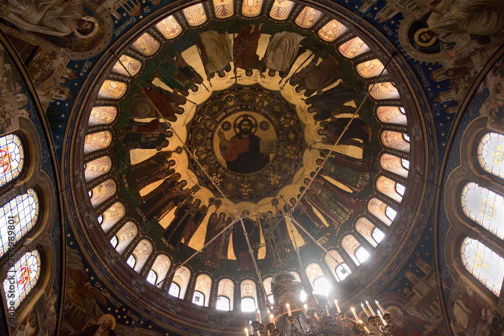 The interior dome of the Orthodox church from which the chandelier descends