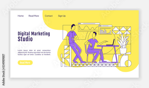 Digital marketing studio landing page flat silhouette vector template. SEO analysis homepage layout. Online advertisement one page website interface with outline characters. Web banner, webpage