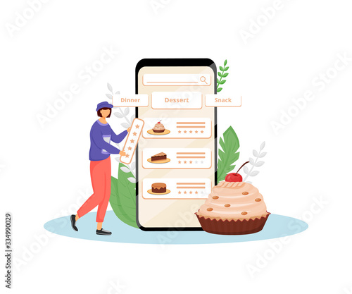 Cakes taste and quality feedback flat concept vector illustration. Female client, pastry online buyer 2D cartoon character for web design. Sweet bakery customer review creative idea