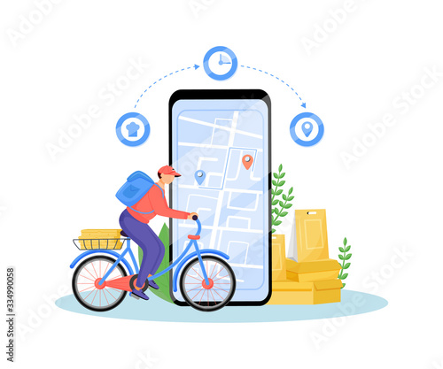 Food delivery service flat concept vector illustration. Deliveryman riding bike, fast food courier on bicycle 2D cartoon character for web design. Takeaway eating online order creative idea