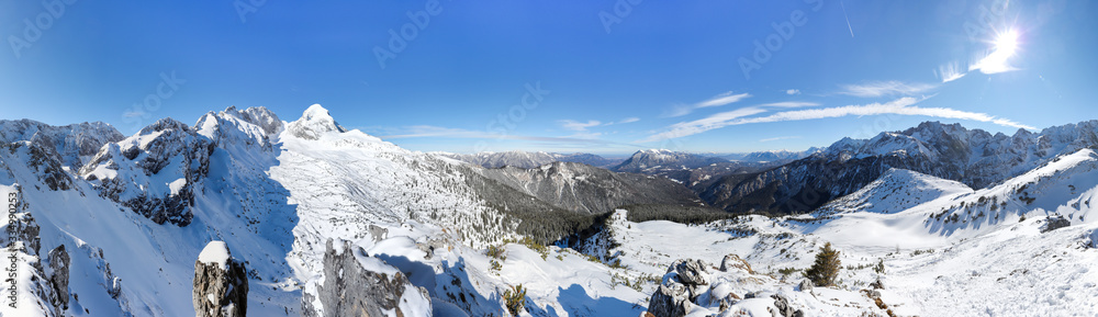 Panorama Look From The Stuiben Over Garmisch-Partenkirchen And Zugspitze On A Sunny Winter Day