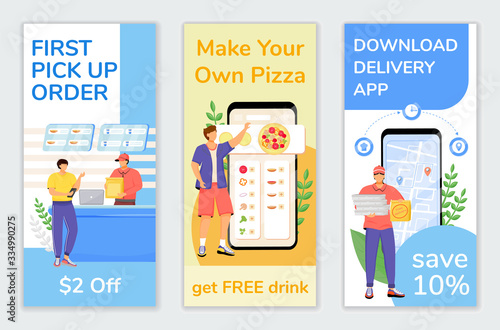 Fast food special offers flyers flat vector templates set. First customer discount printable leaflet design layout. Delivery economy advertising web vertical banner, social media stories