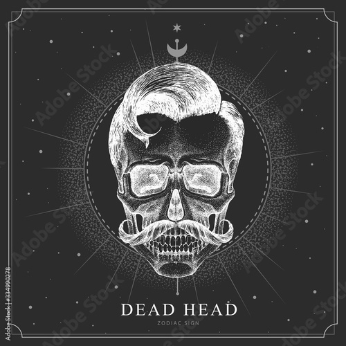 Modern magic witchcraft card with astrology human skull sign. Realistic hand drawing dead head