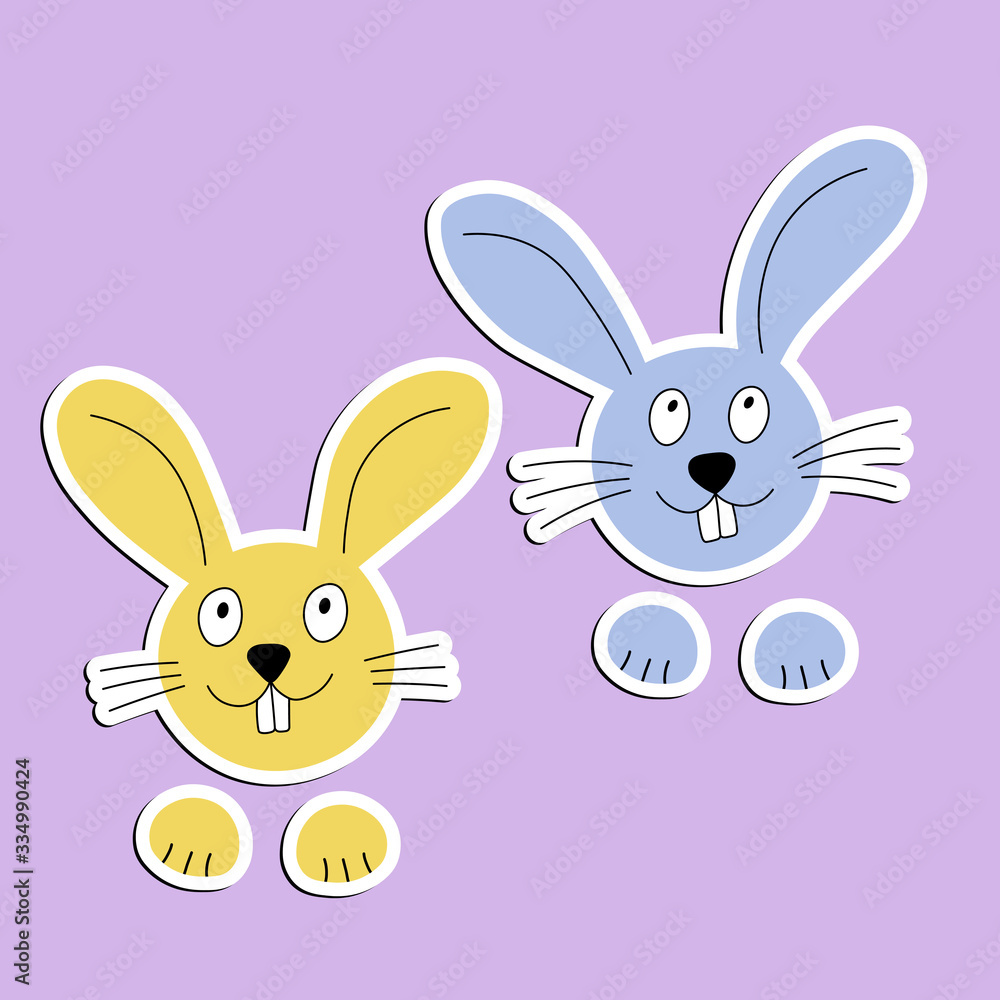 Fototapeta premium Cute stickers. Easter rabbits. Colorful bunny. Isolated icon on color background. Vector cartoon illustration. Hand drawn design, doodle style.
