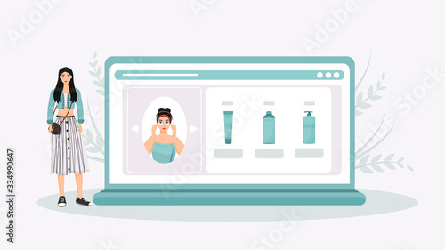 Skincare routine online tutorial flat concept vector illustration. Woman choosing eye patches in Internet store 2D cartoon character for web design. Korean skin care products creative idea