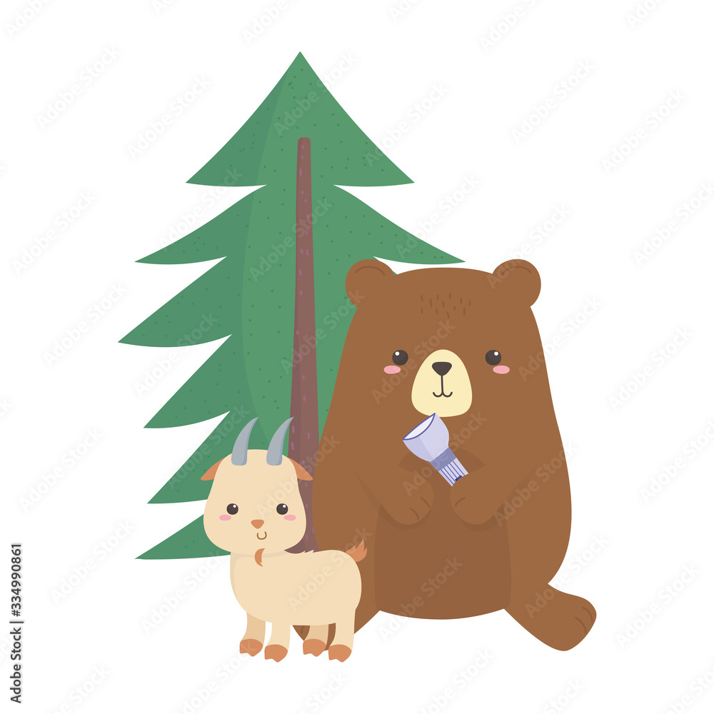 camping cute bear and goat with lantern foliage cartoon camping cute bear and goat with lantern foliage cartoon