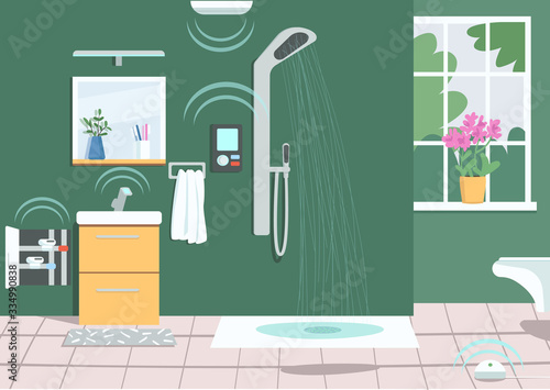 Smart shower flat color vector illustration. Internet technology, modern wireless technology in domestic life. Empty bathroom 2D cartoon interior with intelligent appliances on background