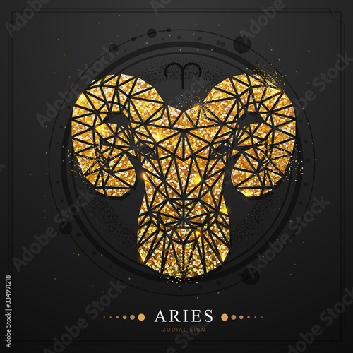 Modern magic witchcraft card with golden astrology Aries zodiac sign. Golden Ram or mouflon head in polygonal style on black background