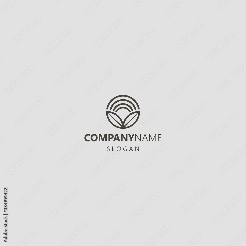 black and white simple vector line art round iconic logo of two leaves of a plant and the sun with rays between them black and white simple vector line art round iconic logo of two leaves of a plant and the sun with rays between them