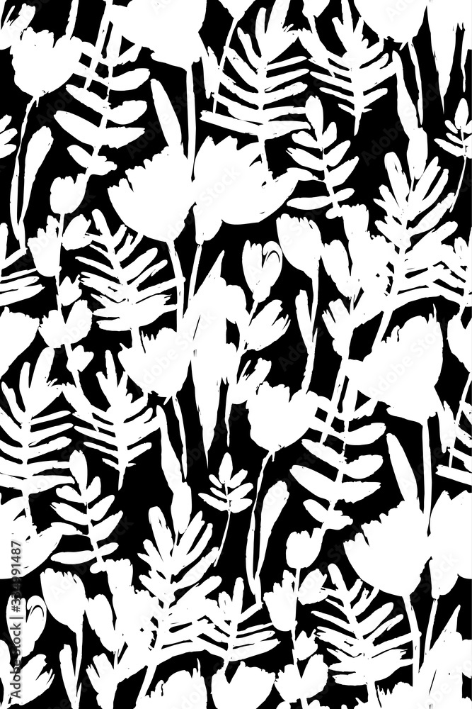 Fototapeta premium Floral seamless background pattern. Black and white spring flowers hand drawn, vector. Spring summer. Fabric swatch, textile design,wrapping paper