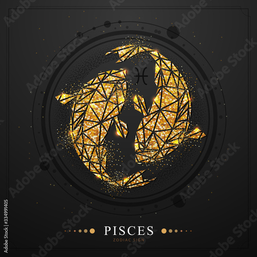 Modern magic witchcraft card with golden astrology Pisces zodiac sign. Golden Koi fish illustration in polygonal style on black background
