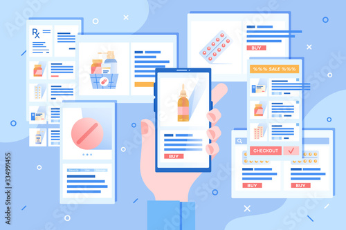 Concept of Online pharmacy or Medicament delivery. Order in internet drugstore by mobile app. Client hold smartphone in hand and buy in online drug store, screens with product cards around
