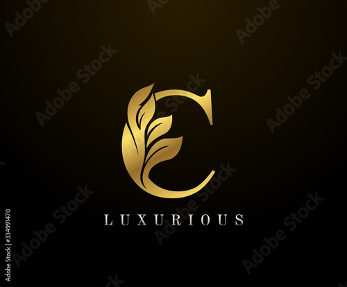 Golden Elegant letter C Floral logo. Vintage drawn emblem for book design, weeding card, brand name, business card, Restaurant, Boutique, Hotel.
