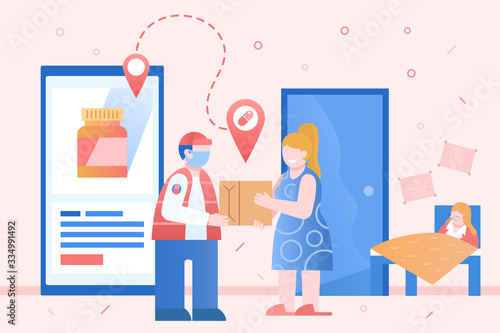 Concept of Online Pharmacy - Courier delivery medicament at home for mom of sick child. Order in internet drugstore with smartphone. Online drug store - vector illustration in modern flat