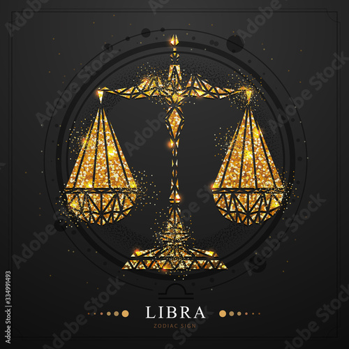Modern magic witchcraft card with golden astrology Libra zodiac sign. Polygonal style. Golden Scales illustration on black background