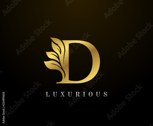 Golden Elegant letter D Floral logo. Vintage drawn emblem for book design, weeding card, brand name, business card, Restaurant, Boutique, Hotel.