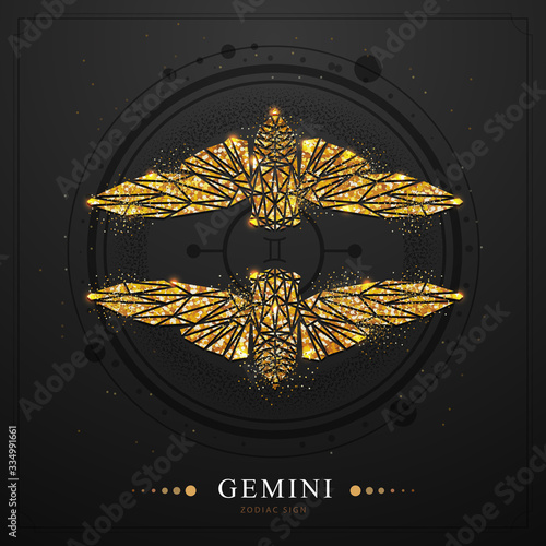 Modern magic witchcraft card with polygon astrology golden Gemini zodiac sign. Golden polygonal butterfly or cicada illustration on black baclground photo