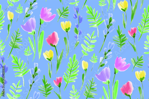 Floral seamless background pattern. Colorful spring flowers hand drawn  vector. Spring summer. Fabric swatch  textile design