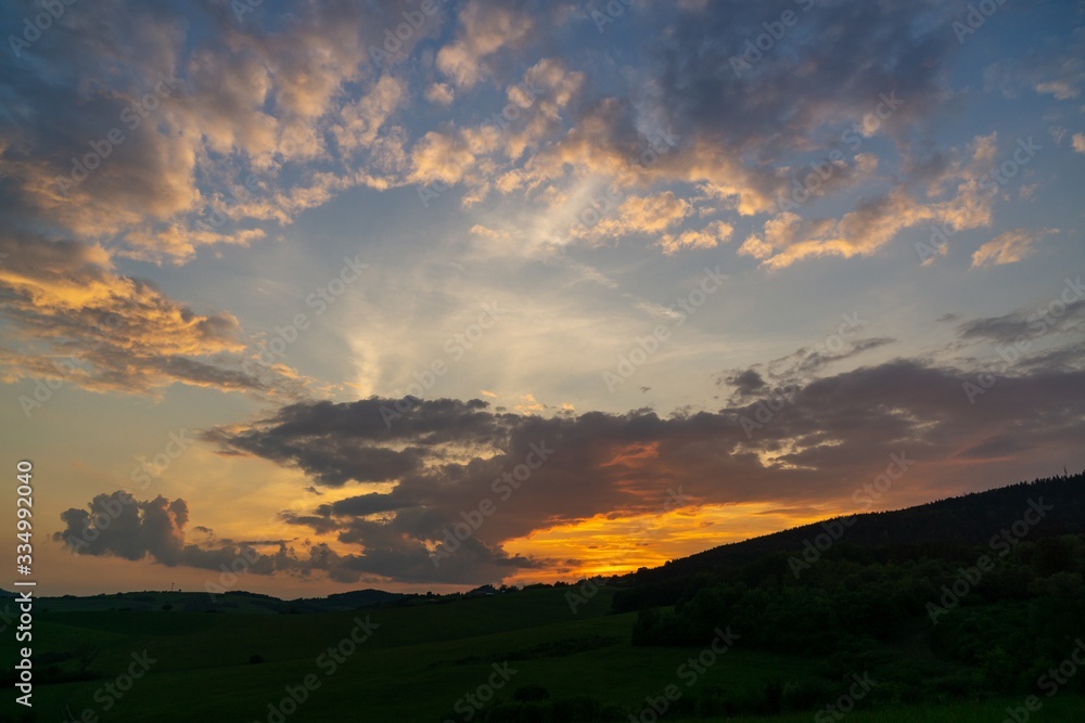 Sunrise or sunset over the hills and meadow. Slovakia