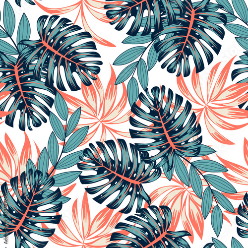 Trend seamless tropical pattern with bright plants and leaves on a light background. Beautiful exotic plants. Modern abstract design for fabric, paper, interior decor.