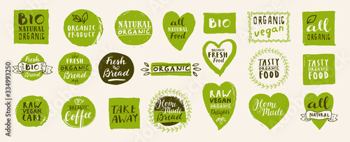Set of take away bio, vegan, organic, fresh, raw, tasty natural food labels. Hand drawn home delivery logo templates