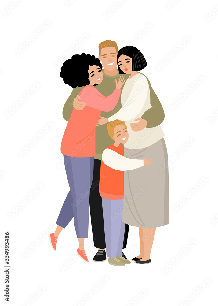 Vector illustration of a family. Parents and two children hugging on a white background