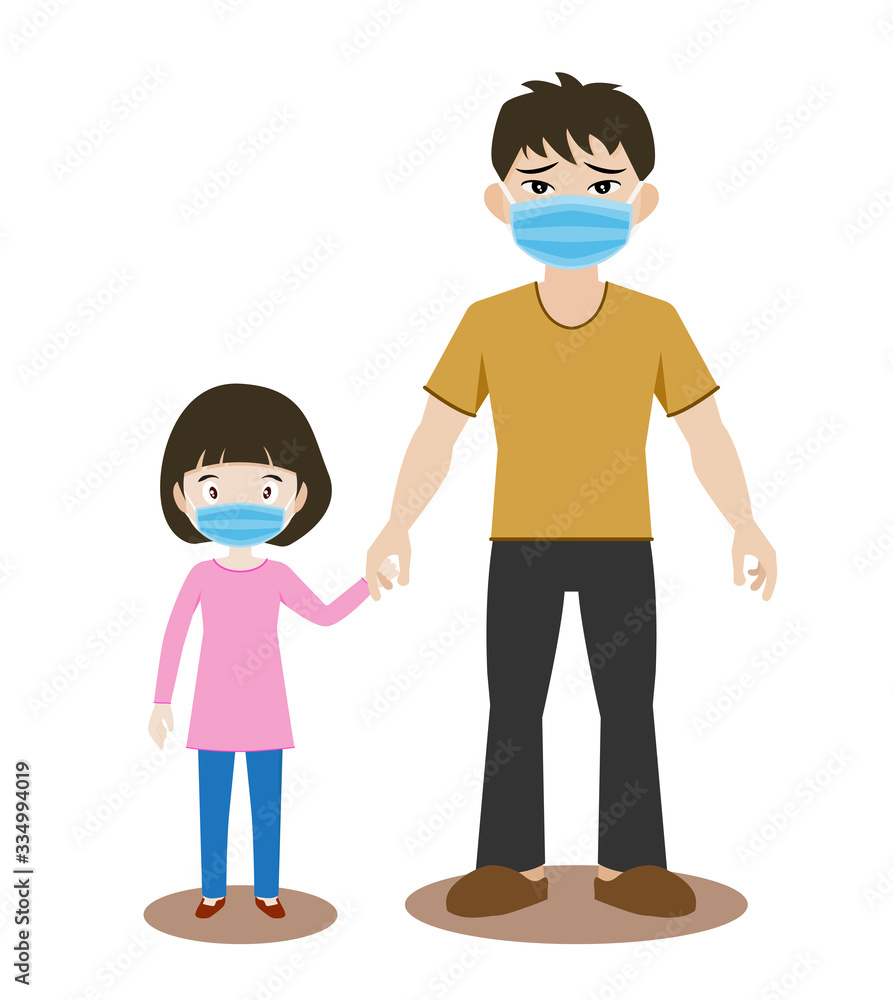 Father and daughter are wearing protective Medical mask for prevent virus Wuhan Covid-19. Vector illustration isolated in white.