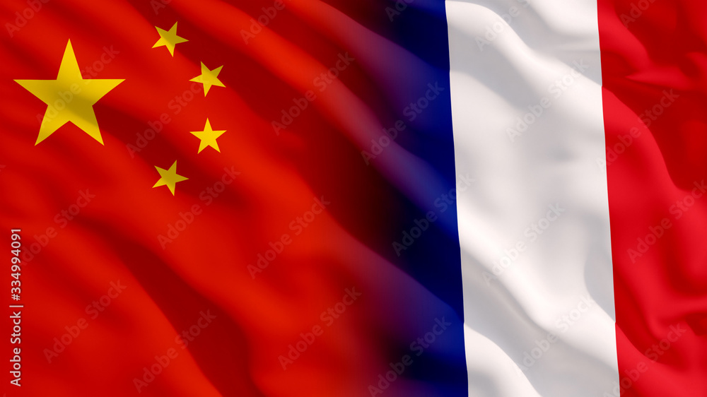 Waving France and China National Flags with Fabric Texture