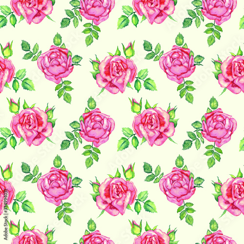 Roses soft pink flowers and leaves, hand painted watercolor illustration, seamless pattern design on soft yellow background